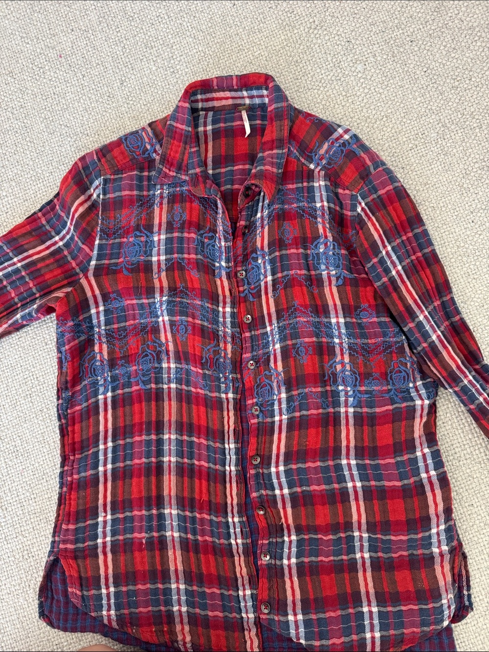 Free People Red Plaid Button-Down Shirt with Blue Embroidery